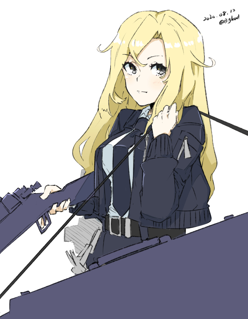 1girl absurdres belt belt_buckle bigkwl black_belt black_neckwear blonde_hair blue_eyes bomber_jacket buckle gun highres hornet_(kantai_collection) jacket kantai_collection long_hair over_shoulder rifle solo trigger_discipline weapon