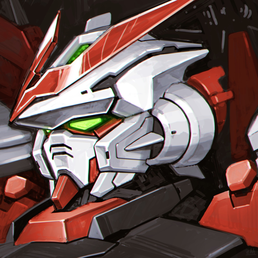close-up commentary ehh_jikkenshitu from_side glowing glowing_eyes gundam gundam_astray_red_frame_kai gundam_seed gundam_seed_astray head highres looking_ahead mecha no_humans science_fiction solo v-fin
