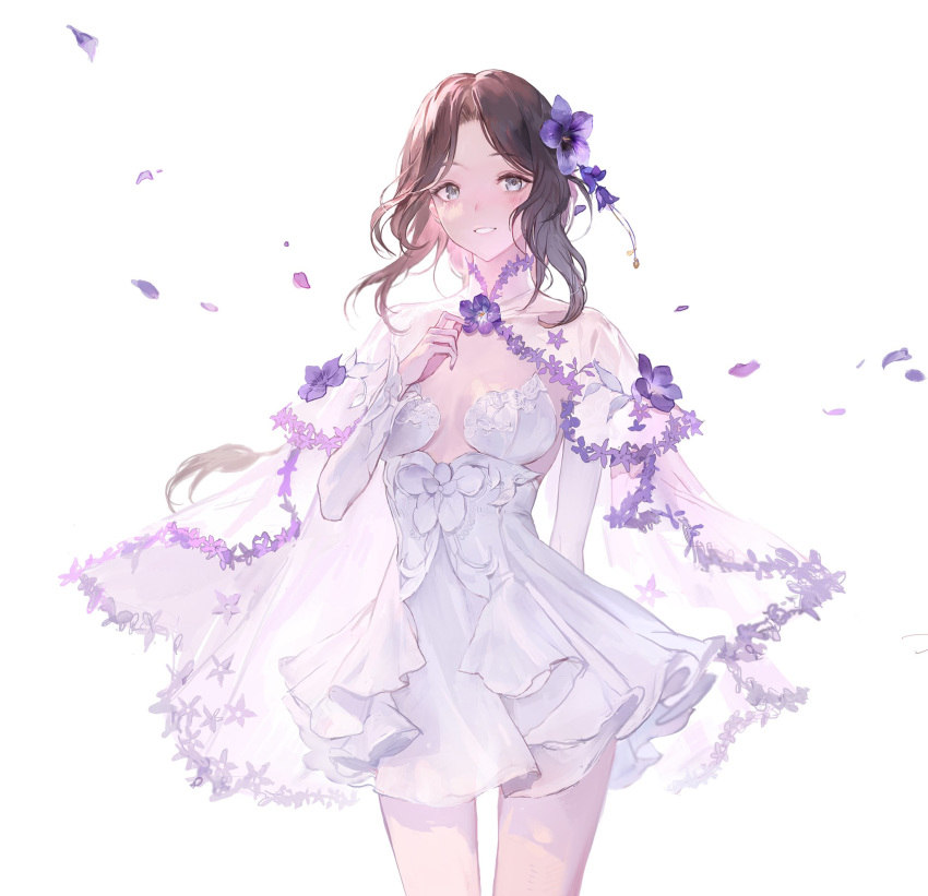 1girl blush breasts brown_hair capelet cowboy_shot dress flower flower_request grey_eyes hair_flower hair_ornament highres looking_at_viewer medium_hair okku original parted_lips petals purple_flower purple_nails short_dress simple_background smile solo white_background white_capelet white_dress white_theme