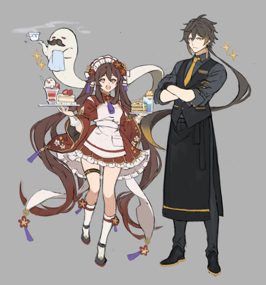 1boy 1girl absurdly_long_hair alternate_costume bangs black_footwear black_gloves black_hair breasts brown_eyes brown_hair cake chinese_clothes collared_shirt colored_tips crepe cup dress drinking_straw earrings eyeliner eyeshadow facial_hair flower flower-shaped_pupils food formal frilled_dress frills fruit full_body genshin_impact ghost gloves gradient_hair hair_between_eyes hair_ornament highres holding holding_tray hu_tao_(genshin_impact) jewelry long_hair long_sleeves looking_at_viewer maid_headdress makeup multicolored_hair mustache necktie open_mouth pants papajay_(jennygin2) plum_blossoms ponytail red_dress red_eyeshadow shirt shoes sidelocks simple_background single_earring socks sparkle strawberry suit symbol-shaped_pupils tassel tassel_earrings teacup teeth tray twintails upper_teeth very_long_hair vest waiter waitress white_legwear wide_sleeves yellow_eyes zhongli_(genshin_impact)