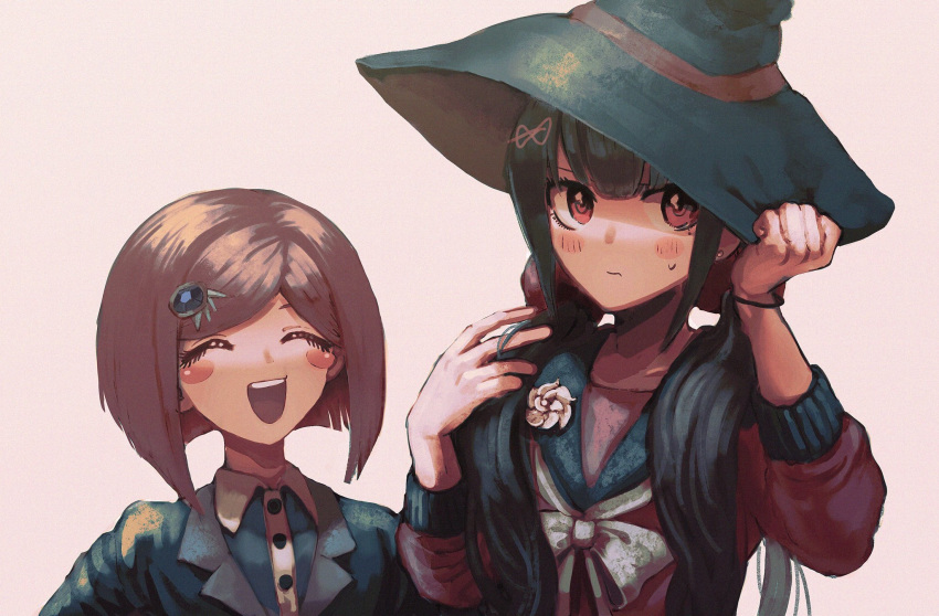 2girls bangs black_hair blazer blush bob_cut bracelet closed_eyes commentary dangan_ronpa embarrassed grin hair_ornament hairclip harukawa_maki hat highres jacket jewelry long_hair mole mole_under_eye multiple_girls new_dangan_ronpa_v3 open_mouth playing_with_own_hair red_eyes redhead school_uniform serafuku short_hair smile symbol_commentary visket53 witch_hat yumeno_himiko