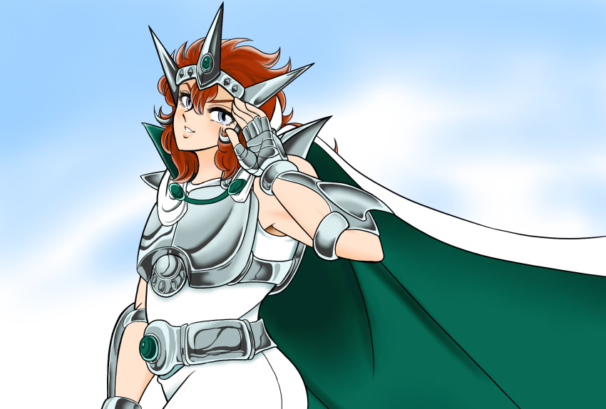 1boy androgynous armor brown_hair cape crown fingerless_gloves full_armor lizard_misty long_hair looking_at_viewer male posing saint_seiya sera_(artist) shining_armor silver_armor silver_saint simple_background smile solo tiara