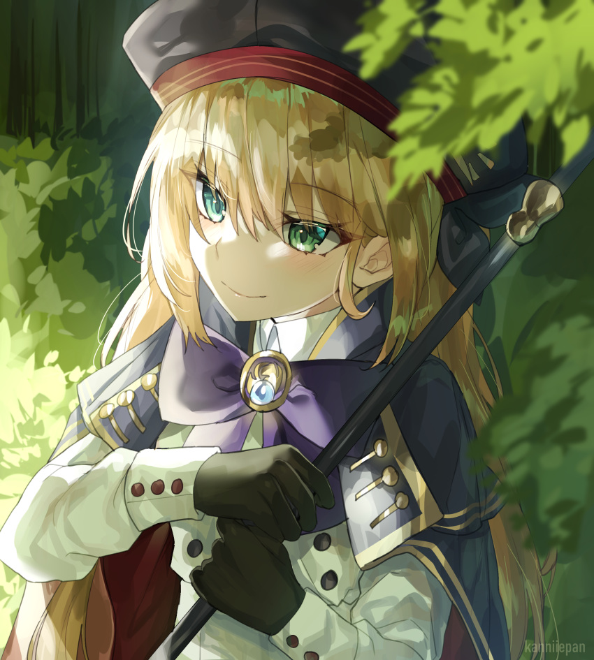 absurdres artoria_pendragon_(all) artoria_pendragon_(caster) beret black_gloves blonde_hair blue_capelet blue_headwear breasts buttons capelet closed_mouth dress fate/grand_order fate_(series) gloves green_eyes hat highres holding holding_staff kanniepan long_sleeves multicolored_capelet small_breasts smile staff twintails white_dress