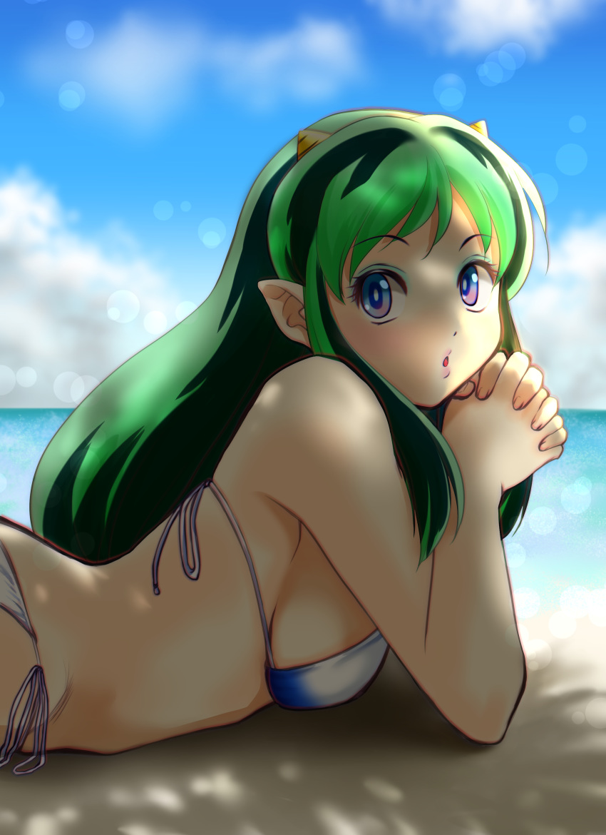 1girl absurdres beach bikini blue_eyes blue_sky clouds commentary_request dappled_sunlight day green_hair highres horizon horns looking_at_viewer lum lying nanao_futaba ocean on_stomach oni_horns outdoors pointy_ears side-tie_bikini sky solo sunlight swimsuit urusei_yatsura white_bikini