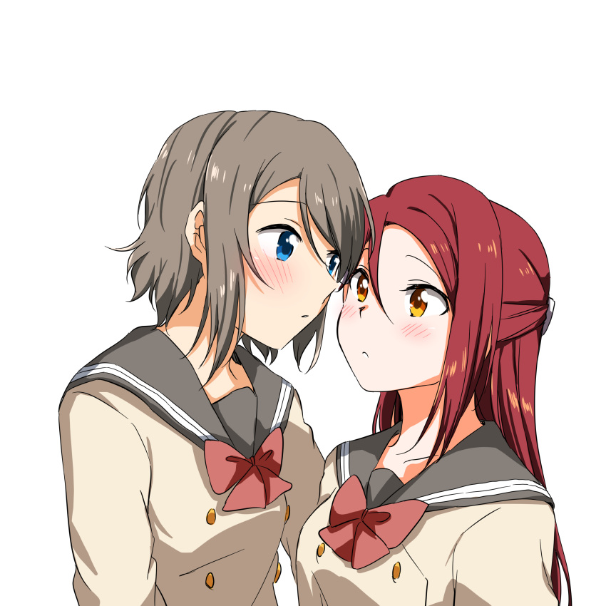 2girls :d absurdres bangs blue_eyes blush bow bowtie braid closed_eyes collarbone couple eye_contact french_braid grey_hair grey_sailor_collar hair_between_eyes hair_ornament hairclip highres long_hair looking_at_another love_live! love_live!_sunshine!! multiple_girls open_mouth parted_lips red_bow red_neckwear redhead sailor_collar sakurauchi_riko school_uniform shiny shiny_hair short_hair simple_background sketch smile upper_body uranohoshi_school_uniform watanabe_you white_background yuchi_(salmon-1000) yuri