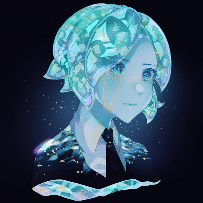 1other absurdres androgynous aqua_hair artist_request bangs black_background black_neckwear closed_mouth collared_shirt colored_eyelashes crying crying_with_eyes_open from_side gem_uniform_(houseki_no_kuni) gold highres houseki_no_kuni necktie phosphophyllite profile shirt short_hair simple_background solo tears upper_body white_shirt