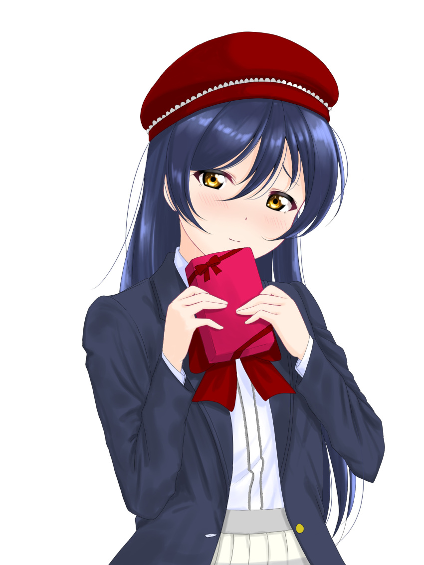 1girl bangs beret blue_hair blush box commentary_request gift gift_box hair_between_eyes hat highres holding holding_gift long_hair long_sleeves looking_at_viewer love_live! love_live!_school_idol_project simple_background solo sonoda_umi white_background yellow_eyes