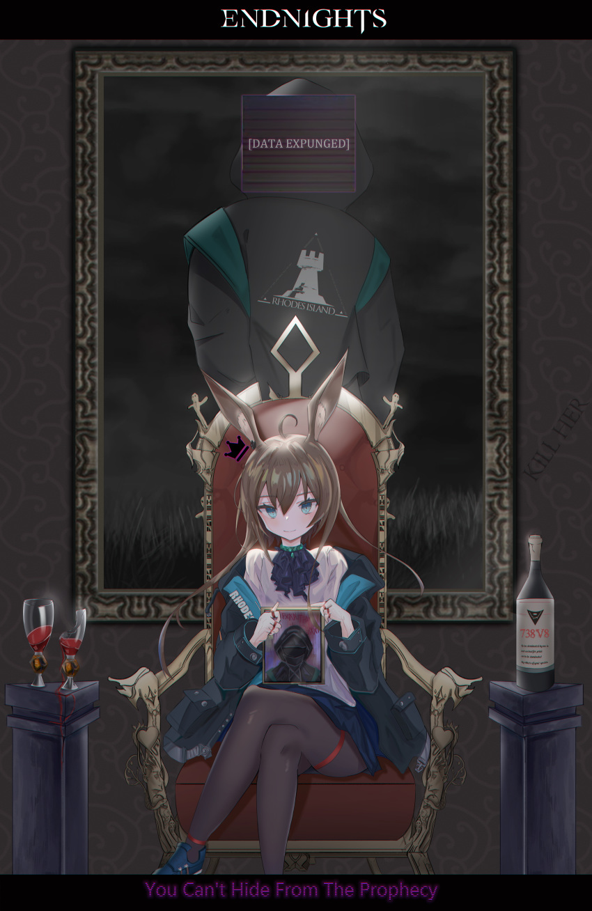 1girl absurdres ahoge amiya_(arknights) animal_ears arknights bangs blue_eyes blue_footwear bottle brown_hair chair commentary cup doctor_(arknights) drinking_glass feet_out_of_frame hair_between_eyes highres huge_filesize jacket long_hair long_sleeves looking_at_viewer off_shoulder open_clothes open_jacket picture_frame rabbit_ears shirt shoes sitting smile solo white_shirt xxdentera