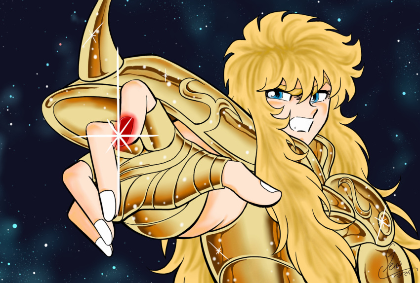 1boy armor blonde_hair blue_eyes clenched_teeth golden_armor long_fingernail long_hair male posing saint_seiya scorpio_milo sera_(artist) serious shining_armor simple_background smile solo