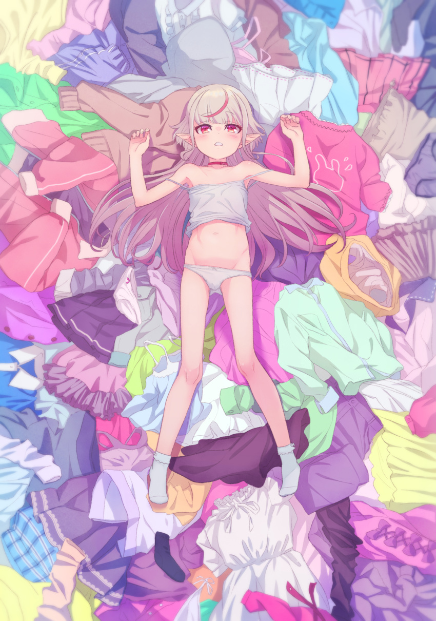 1girl bare_shoulders blush camisole clothes collar collarbone commentary_request dress eyebrows_visible_through_hair grey_hair highres jacket long_hair lying makaino_ririmu multicolored_hair navel nijisanji on_back panties parted_lips pointy_ears red_collar red_eyes redhead sabamen shirt shorts sidelocks skirt socks solo strap_slip streaked_hair sweater underwear virtual_youtuber white_legwear white_panties
