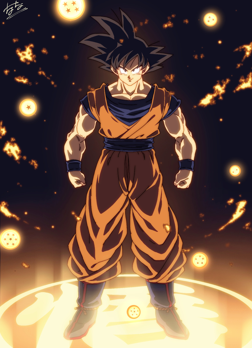 1boy arms_at_sides black_eyes black_hair blue_footwear boots clenched_hands dark_background darkness dougi dragon_ball dragon_ball_(object) dragon_ball_z full_body glowing grin highres legs_apart lens_flare light light_particles light_rays looking_at_viewer male_focus orange_theme pectorals shaded_face signature smile solo son_gokuu spiky_hair standing tasaka_shinnosuke wristband