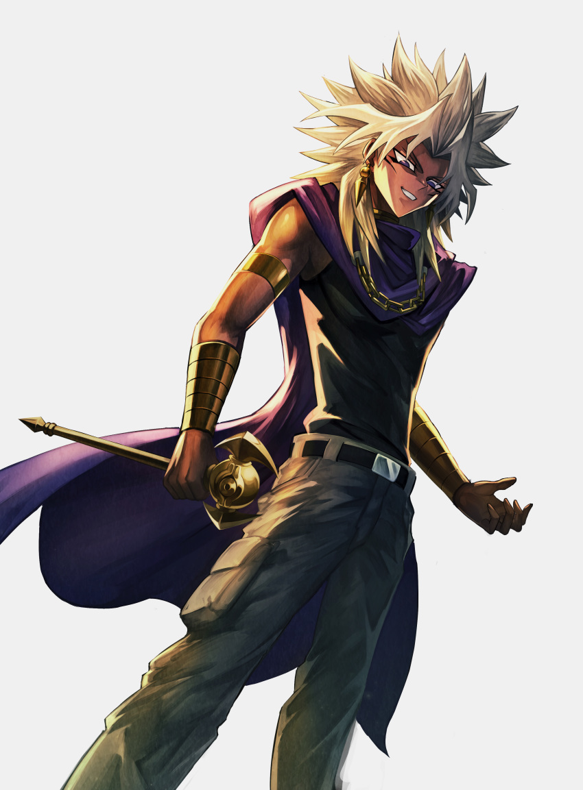 1boy absurdres armlet belt belt_buckle buckle cape chain_necklace commentary dark_skin dark_skinned_male earrings highres holding jewelry looking_down male_focus millennium_rod pants simple_background smile solo spiky_hair standing teeth vambraces white_background white_hair y.m yami_marik yuu-gi-ou yuu-gi-ou_duel_monsters
