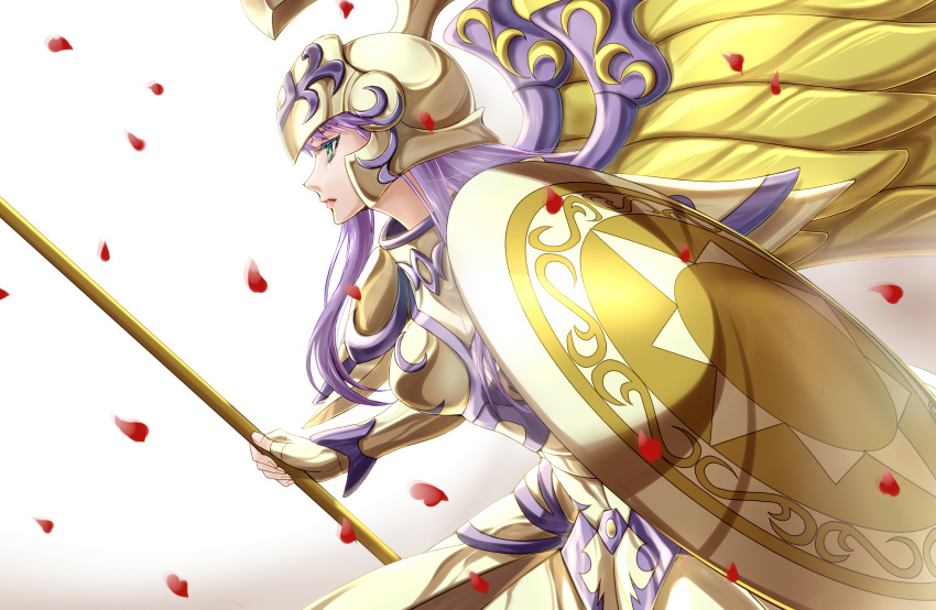 1girl armor athena_(saint_seiya) female golden_armor helmet kido_saori purple_hair rose_petals saint_seiya shield simple_background solo