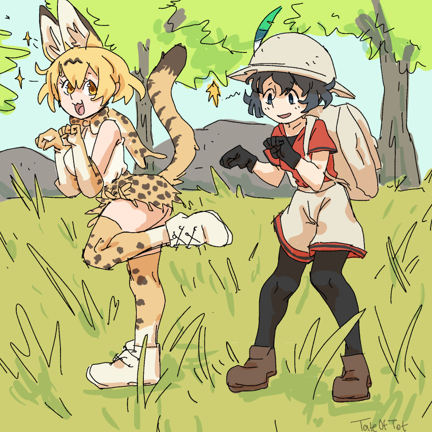 2girls :3 animal_ears bangs blonde_hair boots bow bowtie cat_ears cat_tail gloves hair_between_eyes highres kaban_(kemono_friends) kemono_friends leggings md5_mismatch multiple_girls open_mouth paw_pose savannah serval_(kemono_friends) smile tail