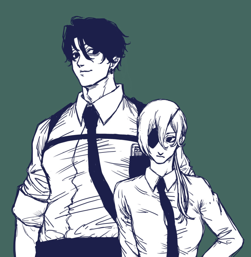 1boy 1girl adam's_apple black_eyepatch black_eyes black_hair black_neckwear business_suit chainsaw_man collared_shirt ear_piercing earrings eyepatch formal hair_between_eyes height_difference highres jewelry kishibe_(chainsaw_man) long_hair long_sleeves looking_at_another looking_at_viewer necktie piercing quanxi_(chainsaw_man) shirt shirt_tucked_in short_hair sleeves_rolled_up smile suit younger