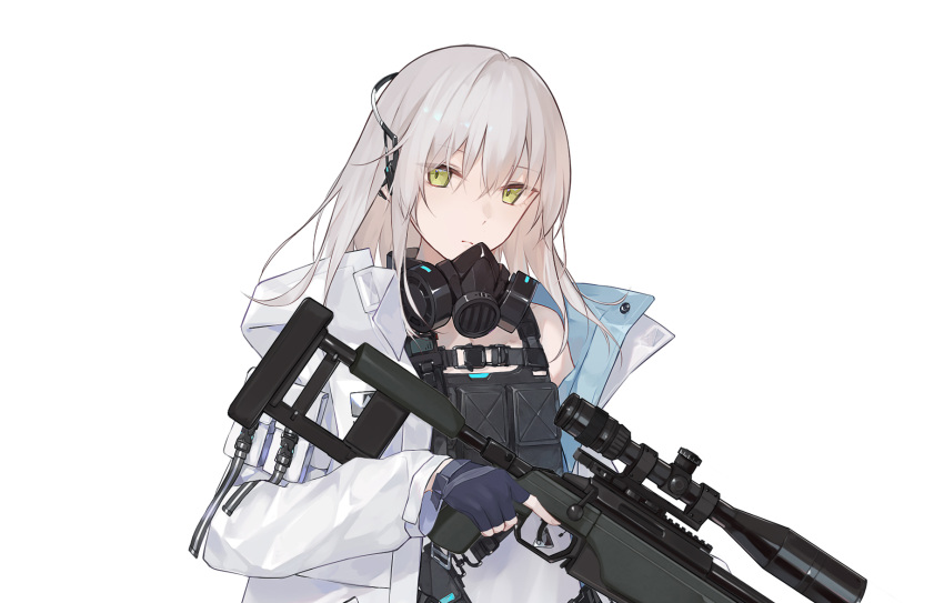 1girl blonde_hair blue_gloves body_armor character_request eyebrows_visible_through_hair fingerless_gloves gas_mask girls_frontline gloves green_eyes gun hand_on_weapon headphones highres holding holding_weapon jacket long_hair looking_at_viewer lunaplum original rifle science_fiction solo weapon white_background white_jacket