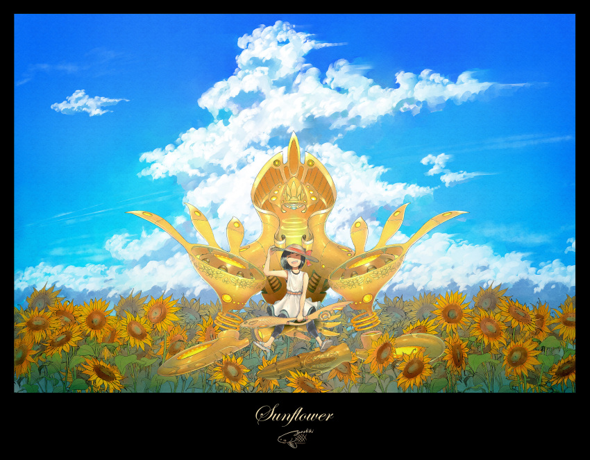 1girl black_hair clouds dress english_text fantasy flower gaimoon highres holding looking_up mecha original scenery short_hair sitting sky summer sunflower white_dress