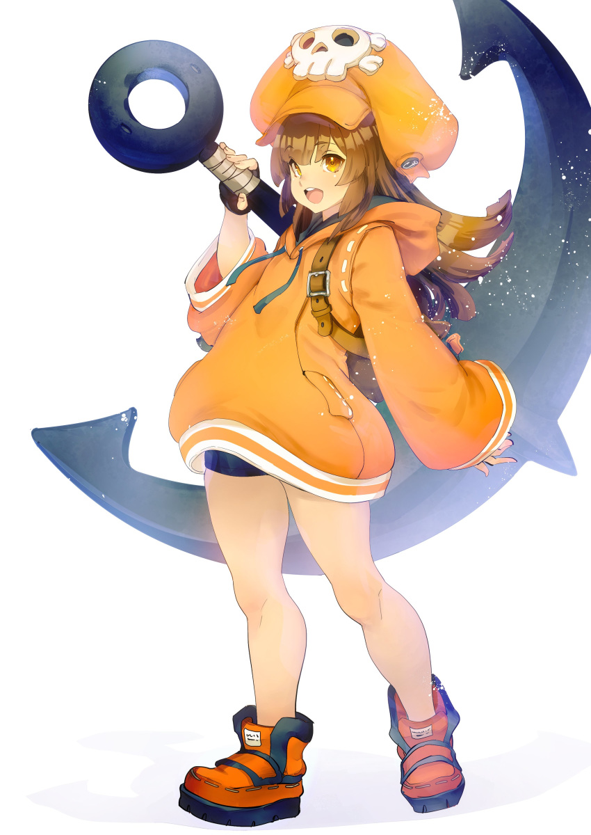 1girl absurdres anchor backpack bag black_gloves black_shorts brown_backpack brown_hair eyebrows_visible_through_hair fingernails gloves guilty_gear guilty_gear_strive hat highres holding holding_anchor holding_weapon hood hood_down hoodie huge_weapon kin_mokusei long_hair may_(guilty_gear) open_mouth orange_eyes orange_footwear orange_headwear orange_hoodie over_shoulder shorts simple_background sleeves_past_wrists smile solo standing teeth tongue upper_teeth weapon weapon_over_shoulder white_background