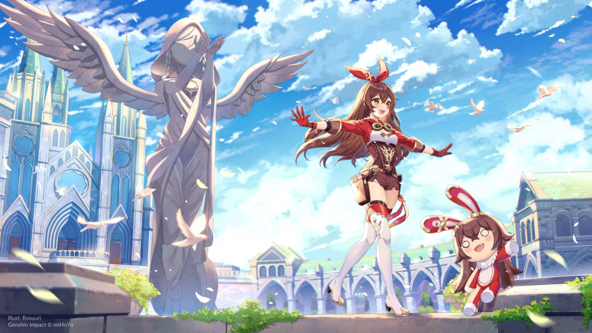 1girl :d amber_(genshin_impact) animal animal_ears artist_name bird blue_sky boots breasts brown_eyes brown_gloves brown_hair brown_shorts building cathedral clouds cloudy_sky commentary day english_commentary floating_hair genshin_impact gloves goggles goggles_around_neck hair_ribbon high_heels highres long_hair long_sleeves official_art open_mouth outdoors outstretched_arms rabbit_ears red_gloves red_ribbon ribbon rosuuri short_shorts shorts shrug_(clothing) sky small_breasts smile solo spread_arms standing standing_on_one_leg statue thigh-highs thigh_boots very_long_hair watermark white_footwear white_legwear