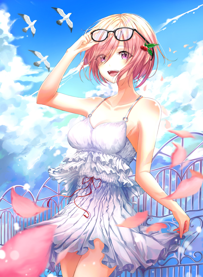 1girl :d absurdres adjusting_eyewear bangs bare_shoulders bird breasts clouds collarbone cowboy_shot csc00014 dress eyebrows_visible_through_hair eyes_visible_through_hair eyewear_on_head fate/grand_order fate_(series) femto frilled_dress frills glasses hair_ornament hair_over_one_eye highres holding holding_clothes holding_dress looking_at_viewer mash_kyrielight o-ring o-ring_top open_mouth petals pink_hair red_ribbon ribbon seagull short_hair sky smile solo sundress thighs tongue upper_teeth violet_eyes white_dress