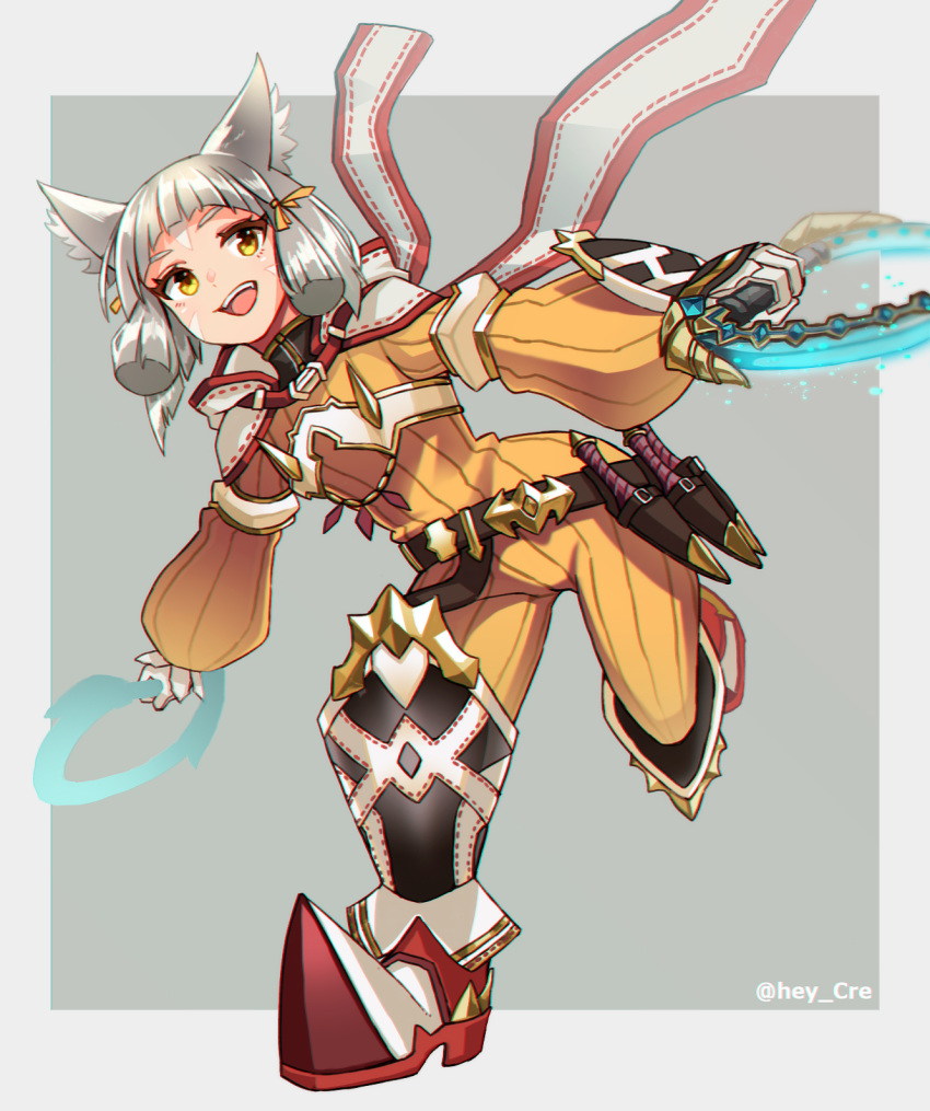 1girl :d animal_ears bodysuit boots cat_ears chakram dual_wielding facial_mark fang flat_chest full_body gloves grey_background hey_cre highres holding niyah open_mouth scarf short_hair silver_hair smile solo weapon white_gloves xenoblade_(series) xenoblade_2 yellow_bodysuit yellow_eyes