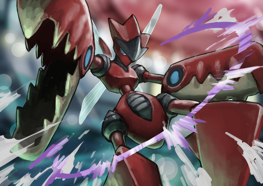 absurdres blue_eyes blurry blurry_background claws commentary_request energy gen_2_pokemon highres horns insect_wings matsumoto_(ma_tsuya) mega_pokemon mega_scizor no_humans pokemon pokemon_(creature) scizor solo wings