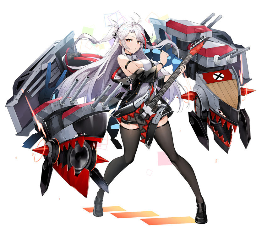 1girl admiral_hipper_(azur_lane) admiral_hipper_(azur_lane)_(cosplay) admiral_hipper_(muse)_(azur_lane) antenna_hair azur_lane bangs bare_shoulders black_footwear black_jacket black_legwear black_nails black_skirt breasts brown_eyes collared_shirt cosplay eyebrows_visible_through_hair floating_hair full_body guitar holding holding_instrument idol instrument iron_cross jacket large_breasts loafers long_hair long_sleeves looking_at_viewer luse_maonang machinery miniskirt mole mole_on_breast multicolored_hair necktie off-shoulder_jacket open_mouth pleated_skirt prinz_eugen_(azur_lane) redhead shirt shoes simple_background skirt sleeveless sleeveless_shirt solo standing streaked_hair swept_bangs thigh-highs turret two_side_up very_long_hair white_background white_shirt zettai_ryouiki