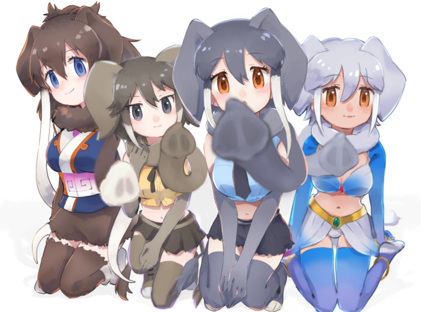 4girls african_elephant_(kemono_friends) african_forest_elephant_(kemono_friends) anklet bikini bikini_top blue_eyes blue_legwear blue_shirt bow bowtie brown_hair brown_legwear brown_neckwear commentary crop_top denim denim_shorts elephant_ears elephant_girl elephant_tail eyebrows_visible_through_hair gradient gradient_legwear grey_eyes grey_hair grey_legwear grey_neckwear highres indian_elephant_(kemono_friends) jewelry kemono_friends long_hair mammoth_(kemono_friends) midriff multicolored multicolored_clothes multicolored_legwear multiple_girls navel necktie orange_eyes scarf shirt short_hair short_shorts shorts shrug_(clothing) sitting squatting swimsuit symbol_commentary tatsuno_newo thigh-highs wariza winter_clothes yellow_shirt zettai_ryouiki