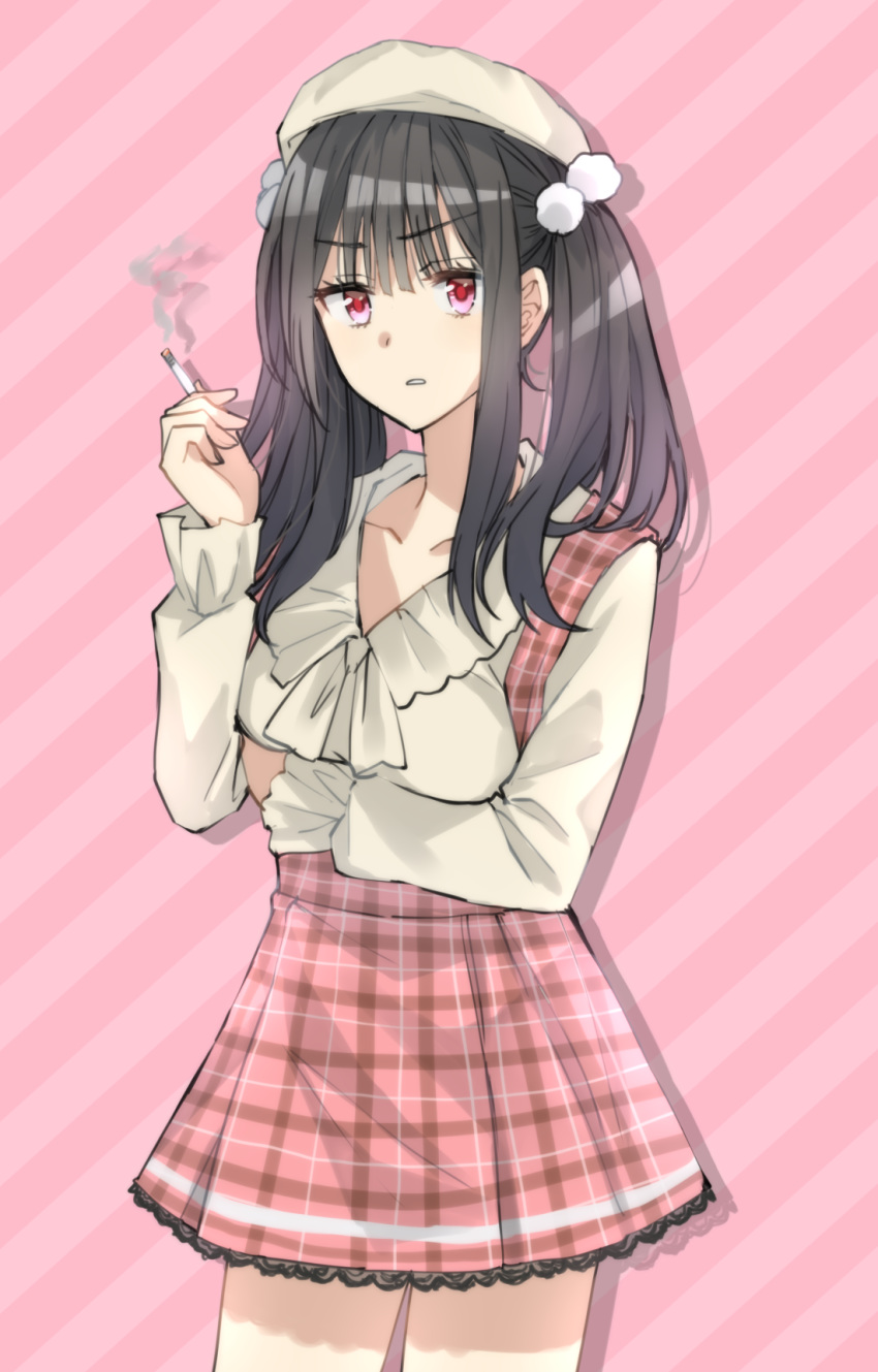 1girl annoyed arm_under_breasts bangs black_hair cigarette collarbone frills hair_ornament hat highres holding holding_cigarette long_hair long_sleeves looking_at_viewer original pink_eyes plaid plaid_skirt sidelocks skirt solo somechime_(sometime1209) standing twintails