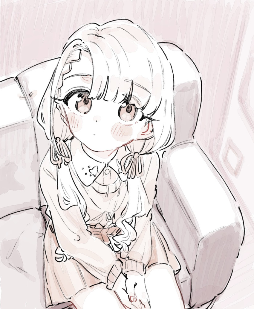 bangs blunt_bangs blush braid braided_bangs collared_shirt commentary_request couch expressionless eyebrows_visible_through_hair from_above hair_ribbon highres hisakawa_nagi idolmaster idolmaster_cinderella_girls indoors long_hair long_sleeves looking_at_viewer low_twintails monochrome own_hands_together ribbon shirt sitting sketch skirt sweater tenoo12 twintails