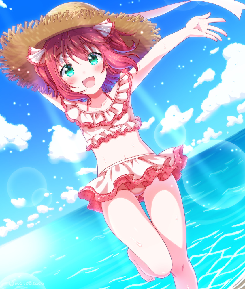 1girl :d arm_behind_head arms_up ass_visible_through_thighs bangs bare_legs barefoot bikini bikini_skirt blue_sky blush breasts clouds collarbone eyebrows_visible_through_hair frilled_bikini frills green_eyes hair_ornament hat highres kurosawa_ruby looking_at_viewer love_live! love_live!_sunshine!! medium_hair motoasako navel ocean open_mouth outdoors pink_bikini pink_hair pink_swimsuit sky sleeveless small_breasts smile solo straw_hat sunlight swimsuit tankini water