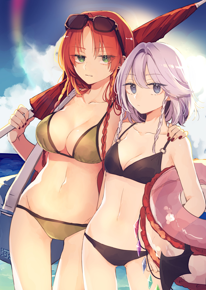 2girls absurdres artist_name bat_wings beach_umbrella bikini black_bikini blue_eyes braid breasts clouds commentary_request cowboy_shot crystal day earrings eyewear_on_head green_bikini green_eyes hand_on_another's_shoulder hand_on_hip highres holding holding_umbrella hong_meiling innertube izayoi_sakuya jewelry lavender_hair lens_flare long_hair looking_at_viewer medium_breasts multiple_girls orange_hair outdoors over_shoulder red_nails red_umbrella risui_(suzu_rks) stud_earrings sunglasses swimsuit touhou twin_braids umbrella water wings