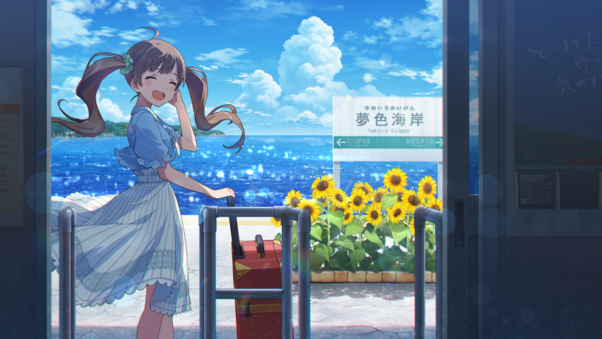 1girl :d ahoge blue_shirt brown_hair clouds day facing_viewer flower green_scrunchie hair_ornament hair_scrunchie hakozaki_serika hand_up idolmaster idolmaster_million_live! idolmaster_million_live!_theater_days lens_flare long_hair luggage official_art open_mouth outdoors scrunchie shirt sign smile solo standing sunflower twintails water white_shirt