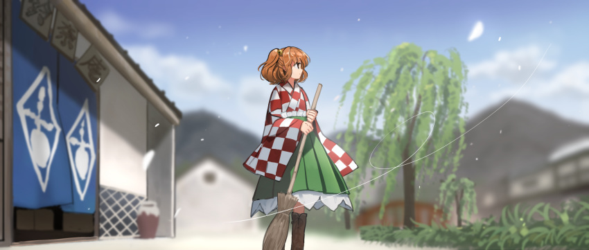 1girl apron bangs bell blue_sky broom checkered day field hair_bell hair_ornament highres holding holding_broom japanese_clothes kimono looking_away motoori_kosuzu outdoors redhead short_hair sky solo standing suna_(s73d) touhou tree twintails two_side_up village wind