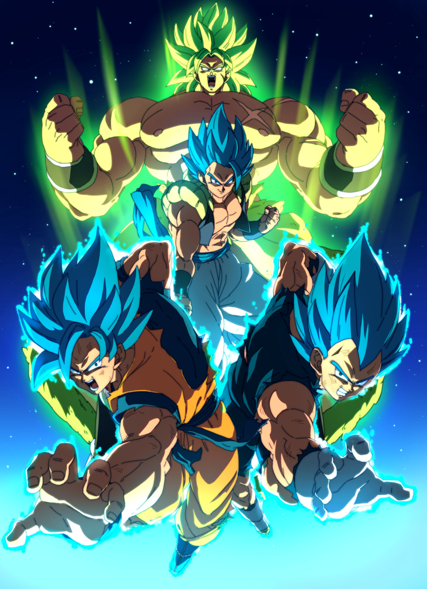 4boys abs angry arm_at_side aura backlighting baggy_pants blue_eyes blue_footwear blue_hair boots broly_(dragon_ball_super) chest_scar clenched_hand clenched_hands clenched_teeth clothes_around_waist dirty dirty_clothes dirty_face dougi dragon_ball dragon_ball_super dragon_ball_super_broly facial_scar fighting_stance fingernails floating gloves glowing glowing_hair gogeta green_hair grin highres light_particles light_rays looking_at_viewer male_focus metamoran_vest multiple_boys muscle nipples no_pupils official_style open_mouth outstretched_hand pants pectorals scar scar_on_cheek scratches screaming shaded_face shirt shirtless side-by-side smile son_gokuu spiky_hair super_saiyan super_saiyan_blue super_saiyan_full_power tasaka_shinnosuke teeth torn_clothes torn_legwear torn_shirt v-shaped_eyebrows vegeta white_gloves white_pants wristband