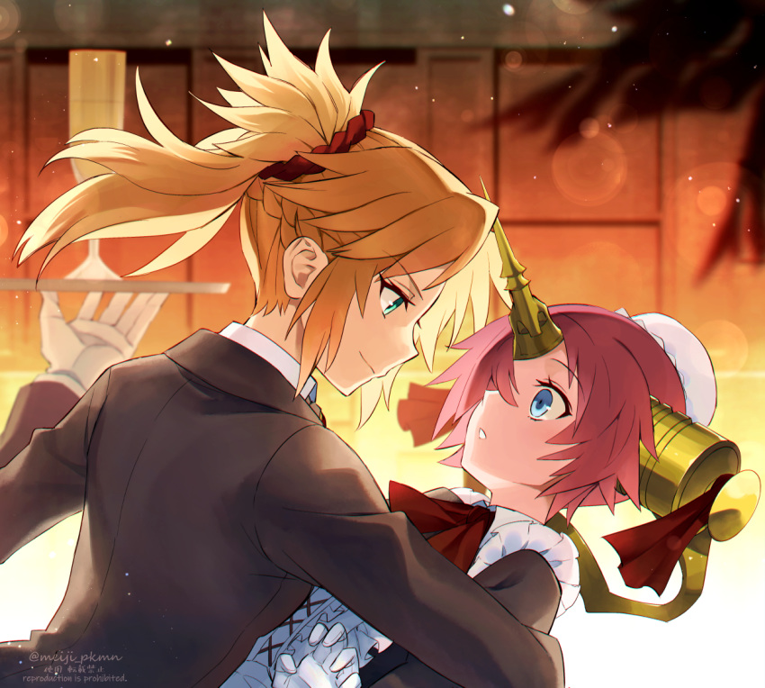 2girls artist_name blonde_hair blue_eyes braid butler eyebrows_visible_through_hair fate/grand_order fate_(series) frankenstein's_monster_(fate) gloves green_eyes hair_bun hair_over_one_eye horns long_sleeves looking_at_another maid meiji_ken mordred_(fate) mordred_(fate)_(all) multiple_girls pink_hair ponytail single_horn twitter_username upper_body watermark