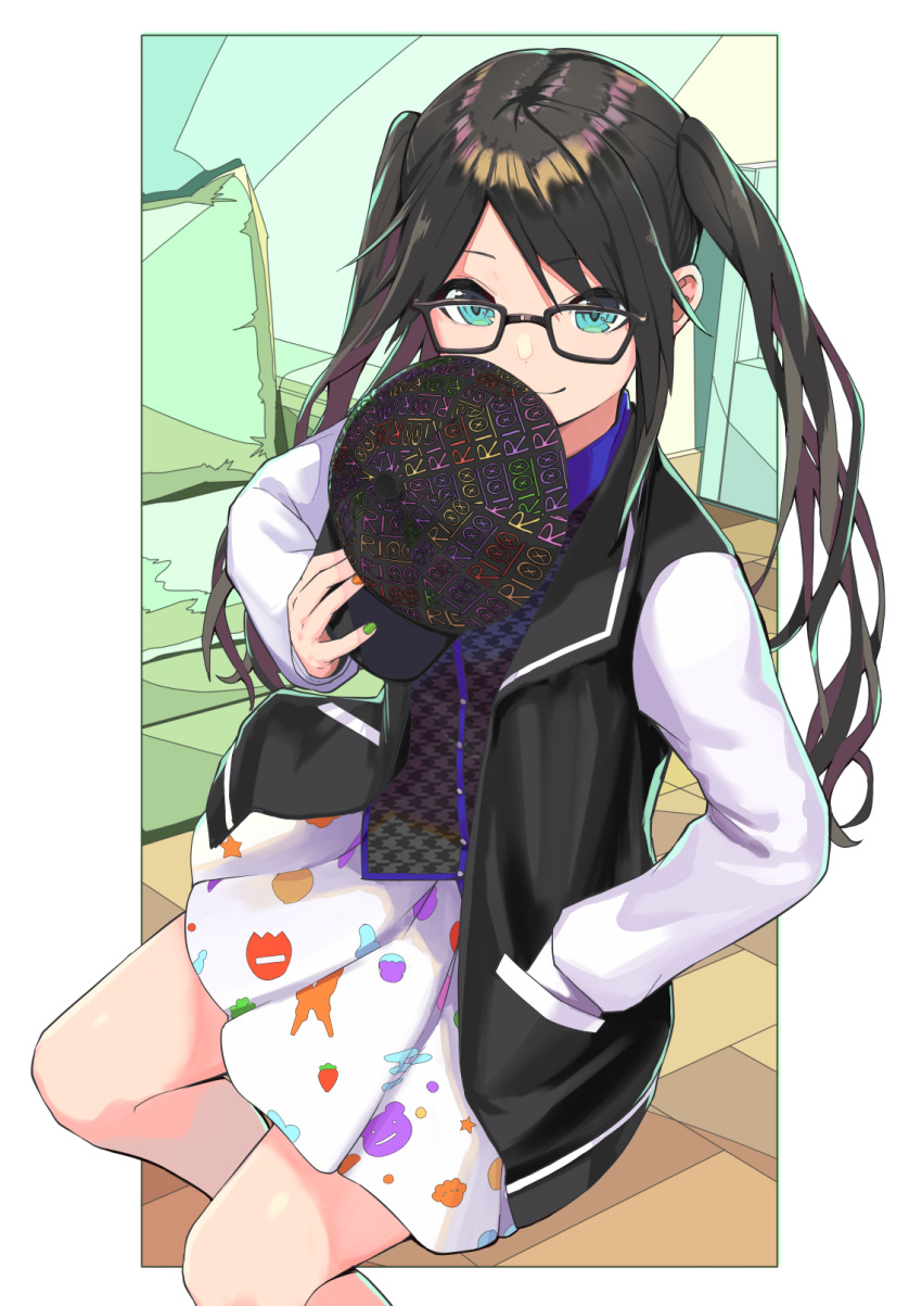 1girl aqua_eyes baseball_cap black-framed_eyewear black_hair black_headwear commentary_request glasses green_nails hand_in_pocket hat hat_removed headwear_removed highres idolmaster idolmaster_shiny_colors jacket long_hair looking_at_viewer merooon miniskirt mitsumine_yuika open_clothes open_jacket orange_nails pleated_skirt skirt solo twintails