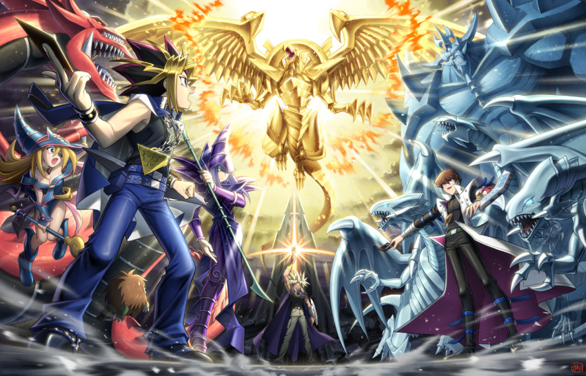 1girl 3boys arm_up black_pants blue-eyes_white_dragon blue_pants cape card commentary_request dark_magician dark_magician_girl duel_disk duel_monster holding holding_card kaiba_seto koma_yoichi kuriboh millennium_puzzle multicolored_hair multiple_boys obelisk_the_tormentor open_mouth osiris_the_sky_dragon outstretched_arm pants sleeveless standing teeth the_winged_dragon_of_ra yami_marik yami_yuugi yuu-gi-ou yuu-gi-ou_duel_monsters