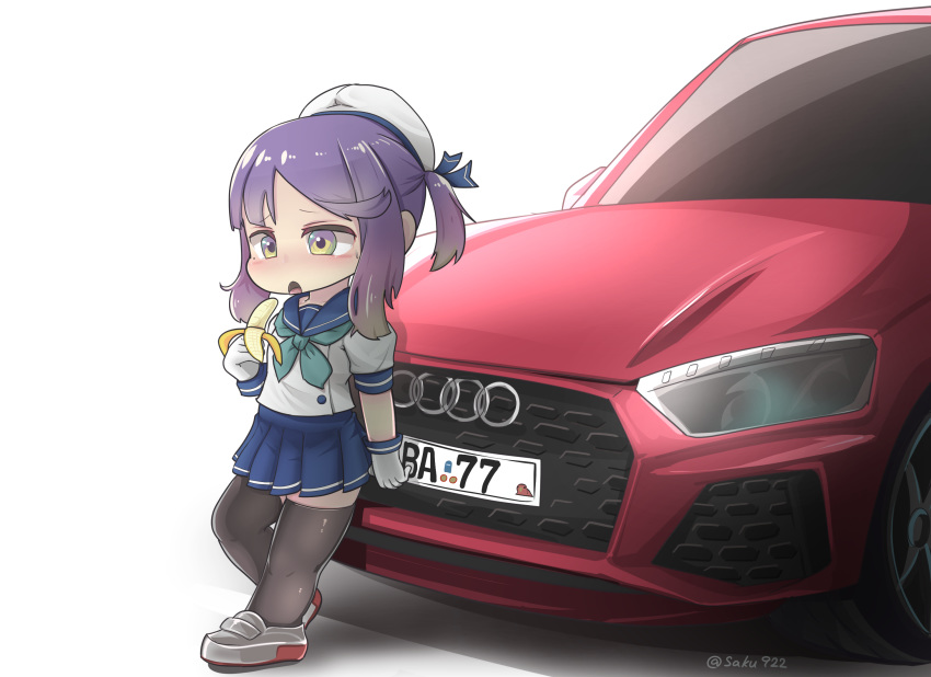 1girl audi banana black_legwear blue_neckwear blue_ribbon blue_sailor_collar blue_skirt car commentary_request food fruit gloves gradient_hair ground_vehicle hat highres kantai_collection motor_vehicle multicolored_hair neckerchief open_mouth orange_hair pleated_skirt puffy_short_sleeves puffy_sleeves purple_hair ribbon sailor_collar sailor_hat sakusan school_uniform serafuku short_hair short_sleeves sidelocks simple_background skirt solo thigh-highs tsushima_(kantai_collection) vehicle_request violet_eyes white_background white_gloves white_headwear