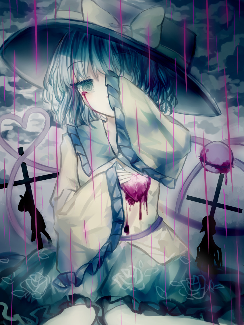 1girl artist_request bleeding blood blood_on_face bloody_clothes bow collared_shirt cross eyeball floral_print frilled_sleeves frills green_eyes green_hair hat hat_bow hat_ribbon heart heart_of_string highres injury komeiji_koishi latin_cross long_sleeves looking_at_viewer rain ribbon shirt skirt solo third_eye touhou wavy_hair wide_sleeves yellow_ribbon yellow_shirt