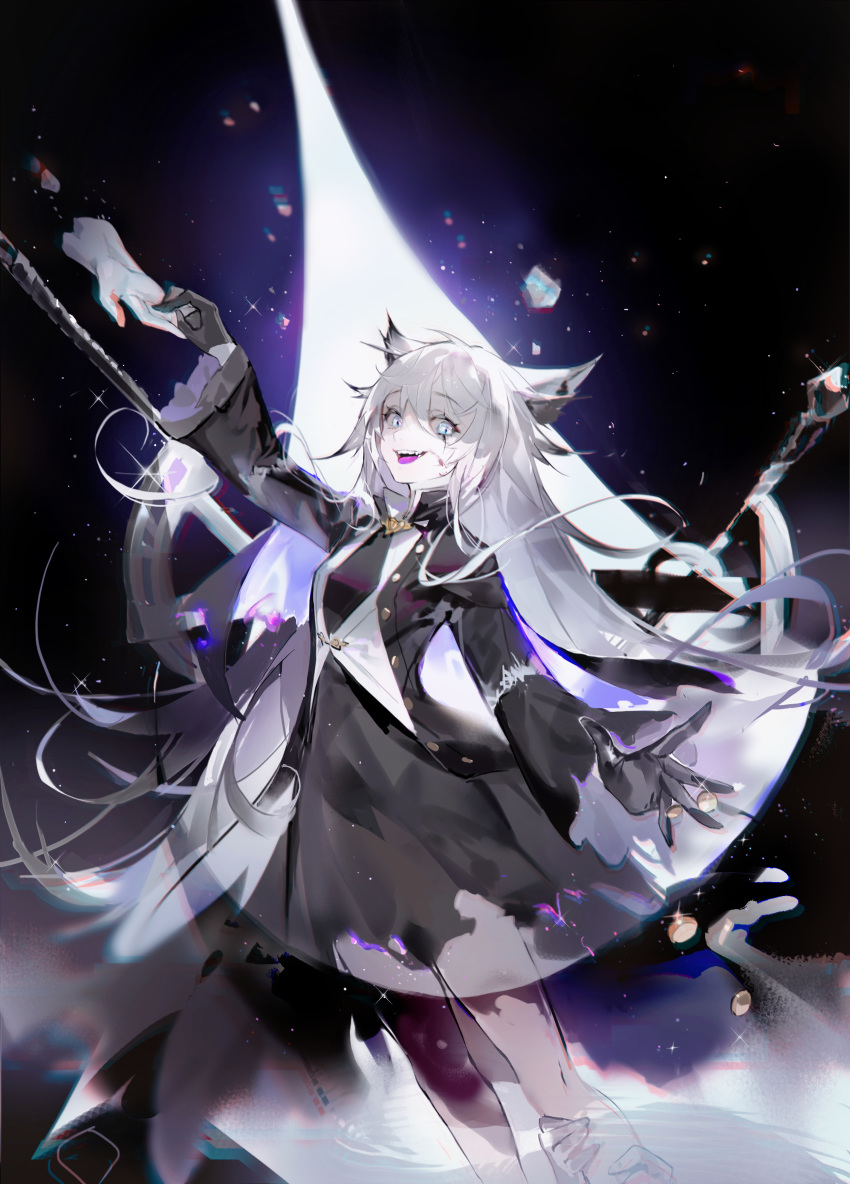 1girl absurdres animal_ears arknights arm_up bangs black_background black_gloves black_jacket blood blood_on_face claw_(rjtd7274) collar eyebrows_visible_through_hair gloves gold grey_eyes hair_between_eyes highres jacket lappland_(arknights) long_hair long_sleeves looking_at_viewer open_mouth scar scar_across_eye silver_hair simple_background smile solo sparkle standing teeth very_long_hair wide_sleeves wolf_ears
