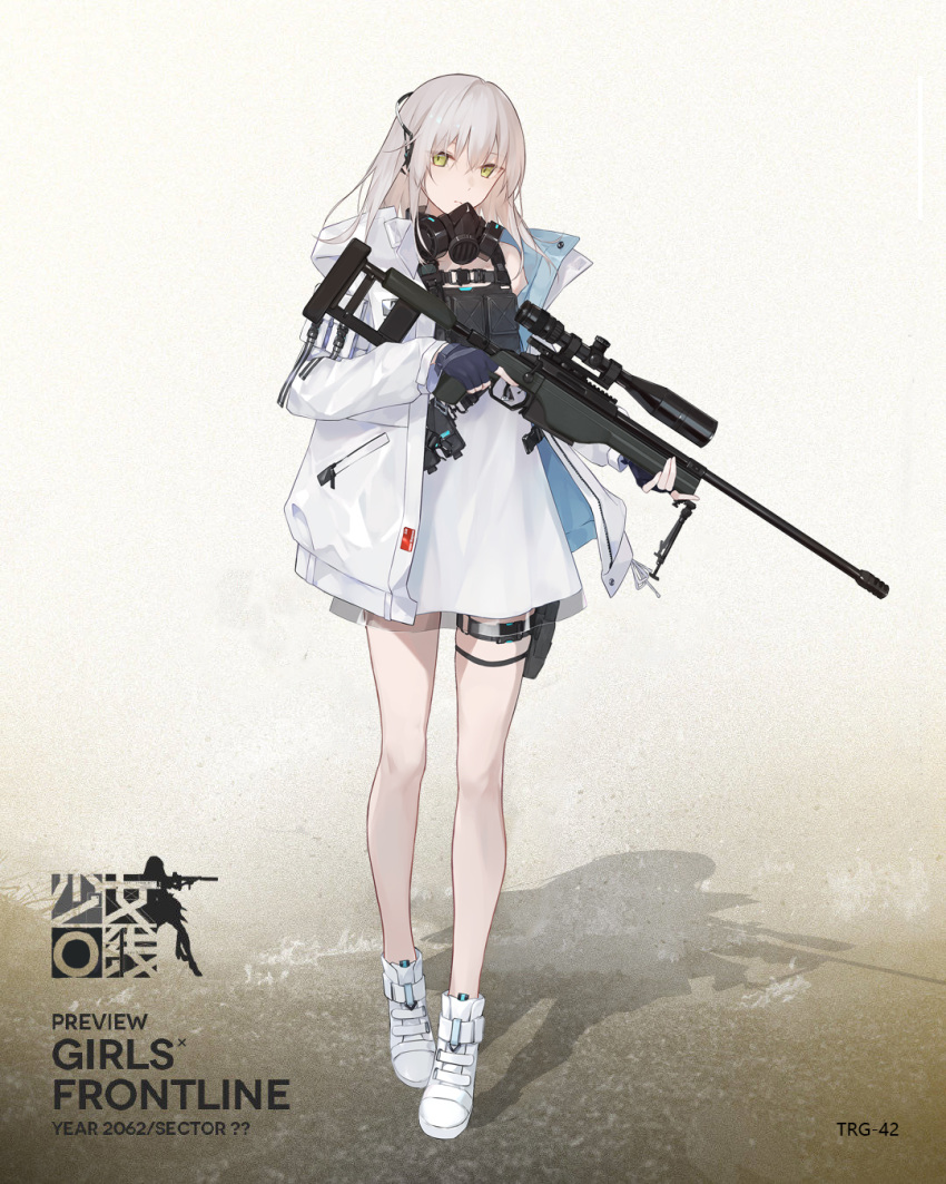 1girl bare_legs blonde_hair blue_gloves body_armor character_name character_request copyright_name english_text eyebrows_visible_through_hair fingerless_gloves gas_mask girls_frontline gloves green_eyes gun hand_on_weapon headphones highres holding holding_weapon jacket long_hair looking_at_viewer lunaplum original rifle science_fiction shoes sneakers solo weapon white_background white_footwear white_jacket