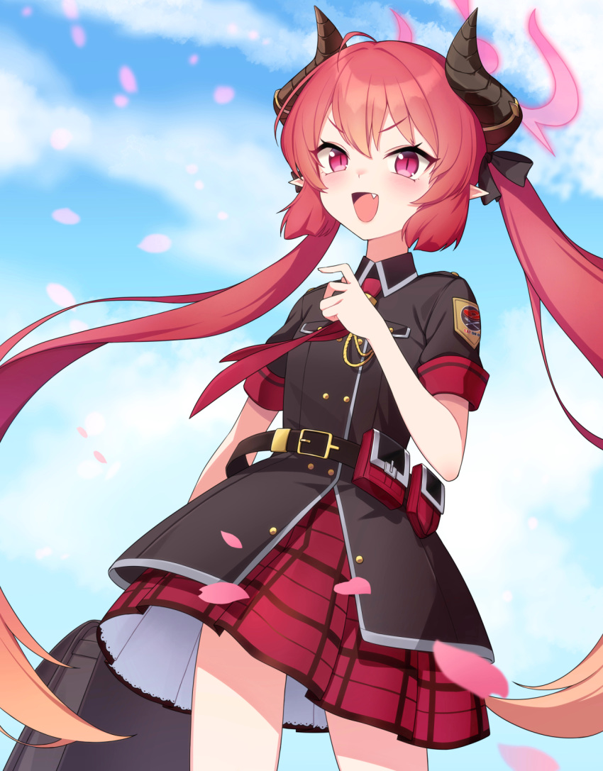 1girl bag belt belt_pouch blue_archive child_(isoliya) clouds commentary_request fangs hair_between_eyes highres horns junko_(blue_archive) looking_at_viewer open_mouth petals pouch red_eyes redhead school_uniform sky solo twintails