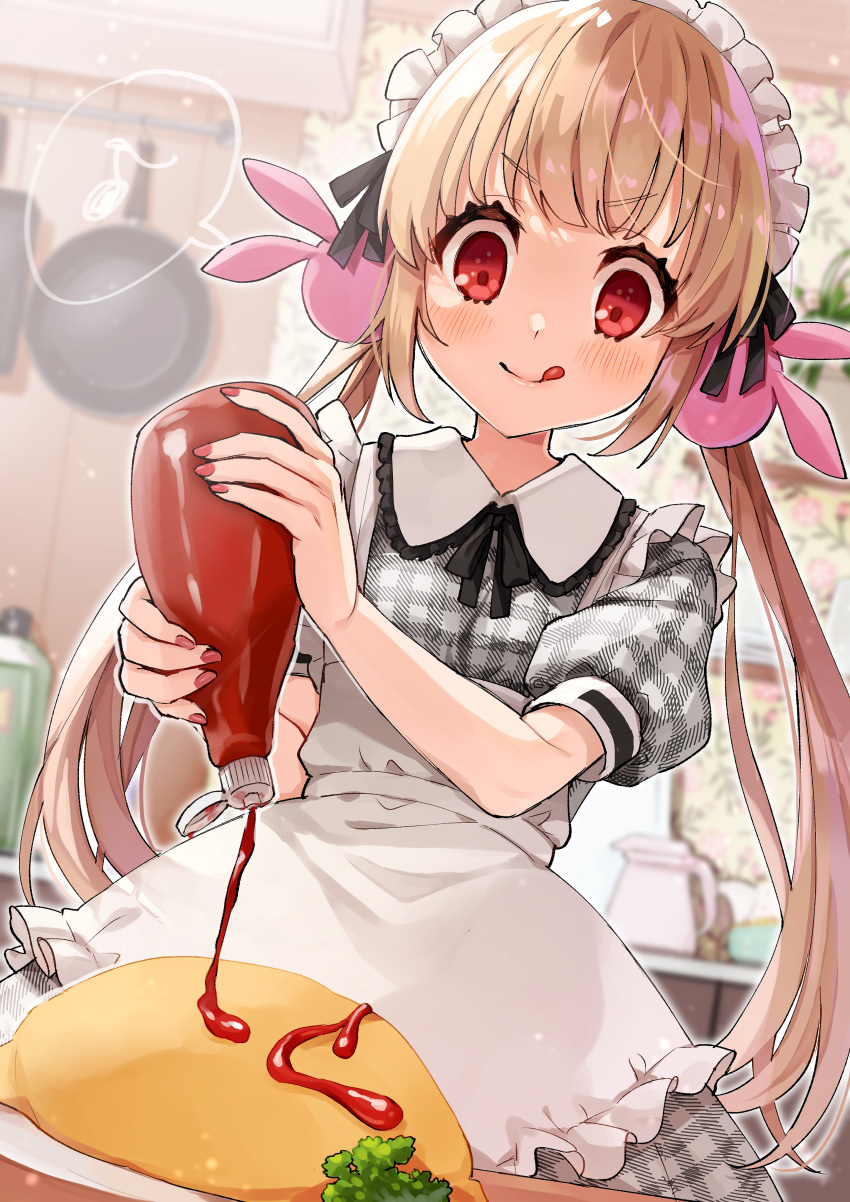 1girl absurdres apron bangs black_ribbon blonde_hair blurry blurry_background blush bottle bunny_hair_ornament commentary_request cup dress eyebrows_visible_through_hair food frilled_apron frills grey_dress hair_ornament hat highres holding holding_bottle ketchup kitchen long_hair maid_apron maid_dress maid_headdress mug natori_sana nurse_cap omaru_(0marufestival) omurice pan plaid plaid_dress red_eyes red_nails ribbon sana_channel solo tongue tongue_out virtual_youtuber