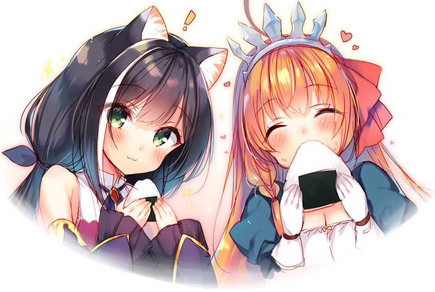 ! 2girls :3 ^_^ animal_ear_fluff animal_ears bangs black_hair black_ribbon blue_sleeves blush brown_hair cat_ears closed_eyes closed_mouth collared_shirt cropped_torso detached_sleeves eating eyebrows_visible_through_hair facing_viewer food food_on_face gloves green_eyes hair_ribbon heart holding holding_food karyl_(princess_connect!) long_hair long_sleeves looking_at_viewer multicolored_hair multiple_girls onigiri pecorine princess_connect! princess_connect!_re:dive puffy_short_sleeves puffy_sleeves ribbon rice rice_on_face sazaki_ichiri shirt short_sleeves shrug_(clothing) sleeveless sleeveless_shirt sleeves_past_wrists smile sparkle streaked_hair upper_body white_background white_gloves white_hair white_shirt