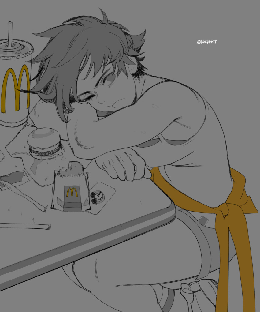 1girl absurdres bags_under_eyes breasts brekkist cameo commentary crossed_arms cup disposable_cup english_commentary fast_food food hamburger head_on_table highres invisible_chair makoto_(street_fighter) mcdonald's mickey_mouse product_placement short_hair shorts sitting sketch sleepy small_breasts solo spot_color strapless street_fighter street_fighter_iii_(series) table tubetop twitter_username