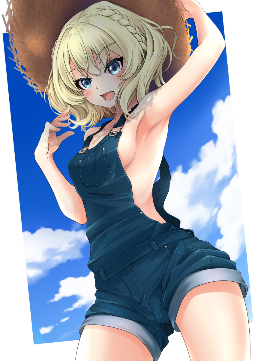 1girl absurdres alternate_costume arm_up armpits bangs bare_arms bare_shoulders blonde_hair blue_eyes blue_sky blush braid breasts brown_headwear colorado_(kantai_collection) commentary_request cowboy_shot day denim drinking_straw eyebrows_visible_through_hair from_below hand_on_headwear highres huge_filesize kantai_collection makura_(user_jpmm5733) naked_overalls outdoors outside_border overalls short_hair sideboob sky small_breasts solo