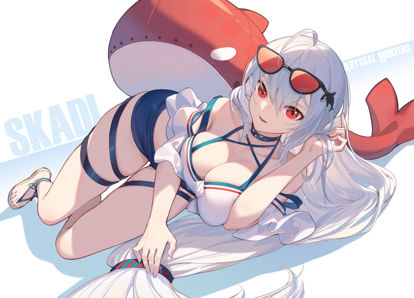 1girl alternate_costume arknights bangs bare_shoulders bikini breasts choker eyewear_on_head hair_between_eyes hand_in_hair highres large_breasts long_hair looking_at_viewer low-tied_long_hair lying nian on_side red_eyes sandals silver_hair skadi_(arknights) solo strap_slip sunglasses swimsuit thigh_strap thighs very_long_hair