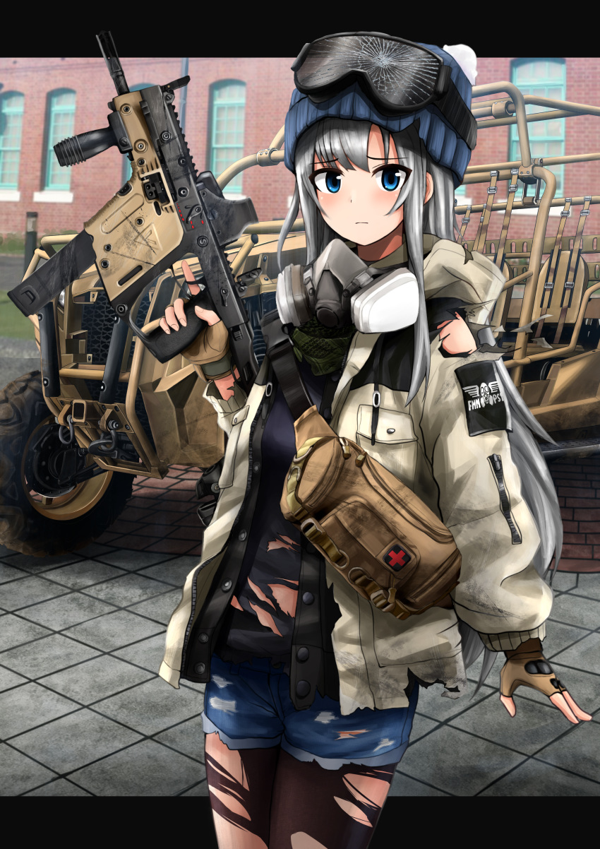1girl absurdres bag black_legwear blue_eyes blue_headwear blue_shorts blurry blurry_background bobblehat building closed_mouth coat commentary depth_of_field english_commentary eyebrows_visible_through_hair gas_mask goggles goggles_on_head grey_hair gun highres holding holding_gun holding_weapon huge_filesize kk90 kriss_vector letterboxed light_frown looking_at_viewer mask_around_neck military military_vehicle open_clothes open_coat original outdoors outside_border pantyhose red_cross satchel shorts solo standing submachine_gun torn_clothes torn_coat torn_legwear torn_shorts weapon white_coat