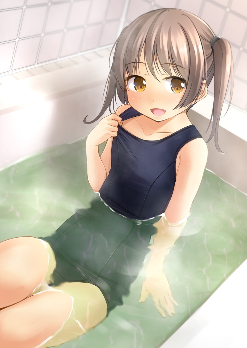 1girl bath bathtub black_swimsuit brown_eyes brown_hair commentary_request flat_chest highres looking_at_viewer old_school_swimsuit original partially_submerged school_swimsuit shibacha short_hair sitting smile solo swimsuit swimsuit_pull tile_wall tiles twintails water